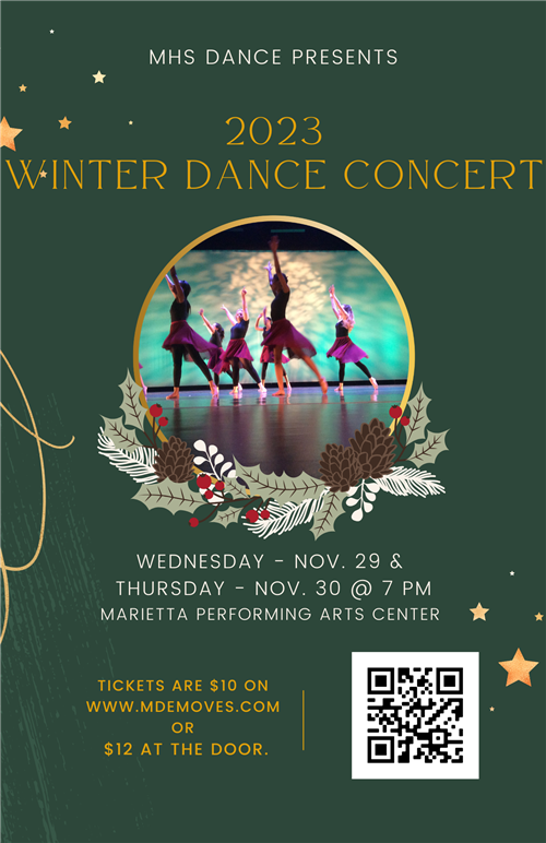 Flyer for 2023 Winter Dance Concerts on November 29-30, tickets are $10 in advance or $12 at the door